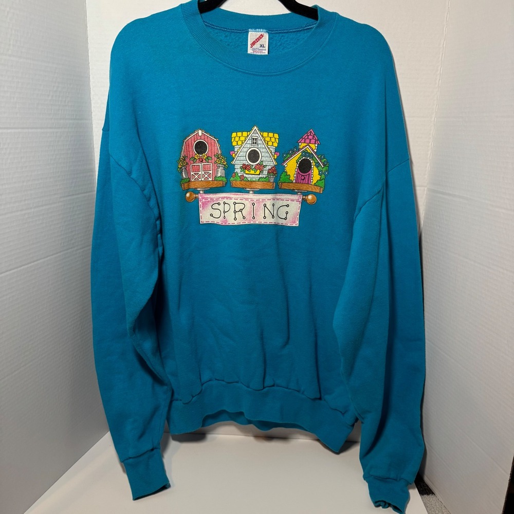 90s‎ Jerzees Vintage Turquoise Spring Birdhouse Graphic Sweatshirt XL Made USA